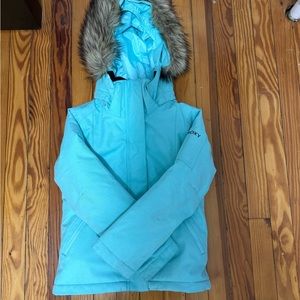 Roxy Turquoise Blue Kids Puffer Jacket with Faux Fur Hood